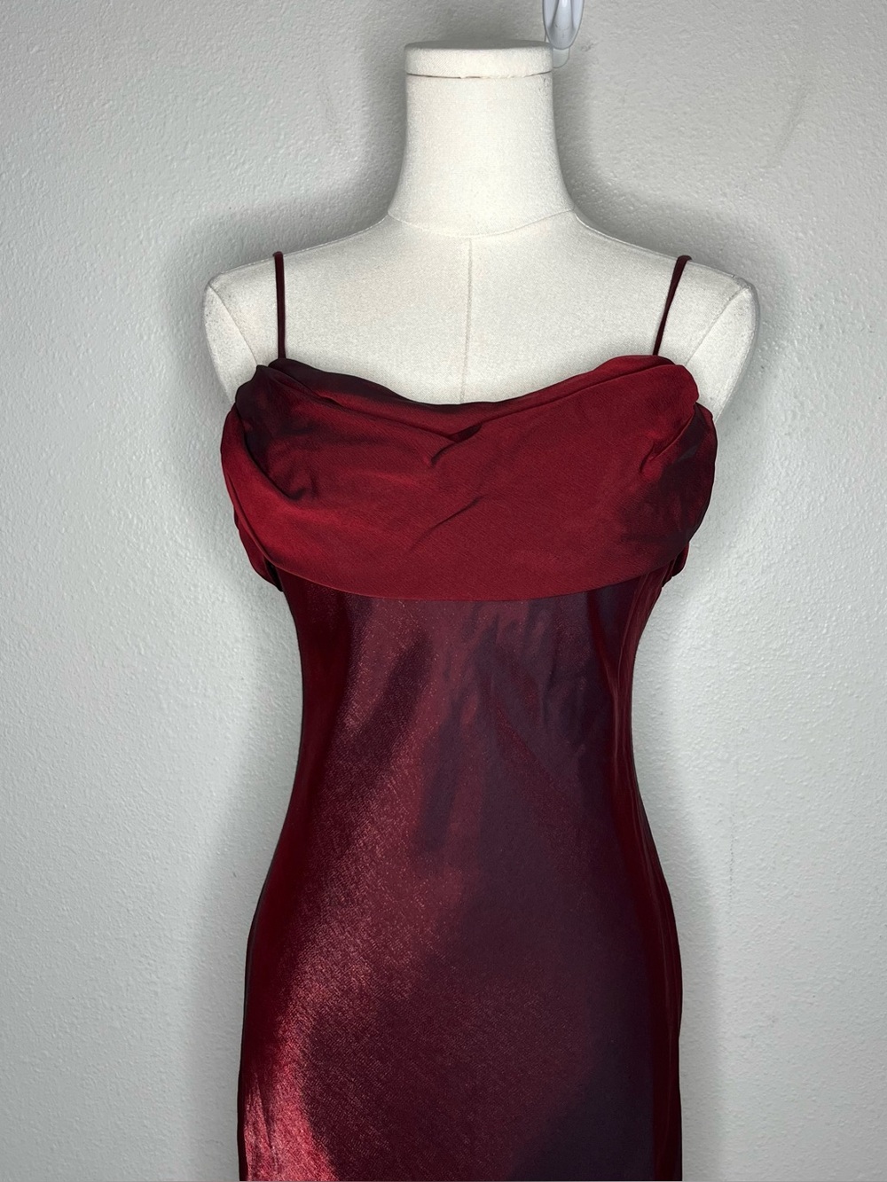 90s Vintage Blondie Nites Burgundy Cowl Neck Lace Up Back Evening Gown Dress - Picture 4 of 8